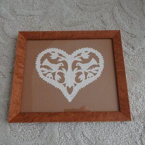 Scherenschnitte Folk Art Paper Cutting of Heart with Doves in Frame with Glass